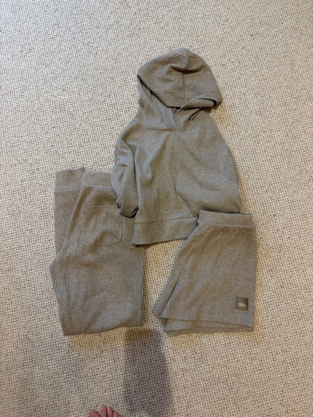 ALO Yoga Ribbed Hoodie & Shorts and Joggers Set in Taupe